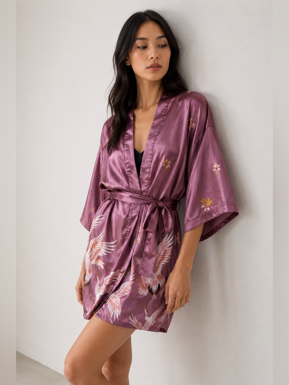 Pink Crane Print Satin Kimono Robe Cover-Up Size M